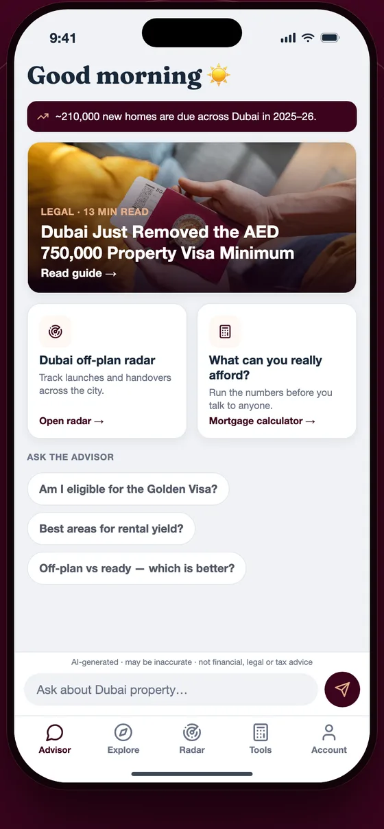 Real Estate Club Dubai app — the Advisor screen