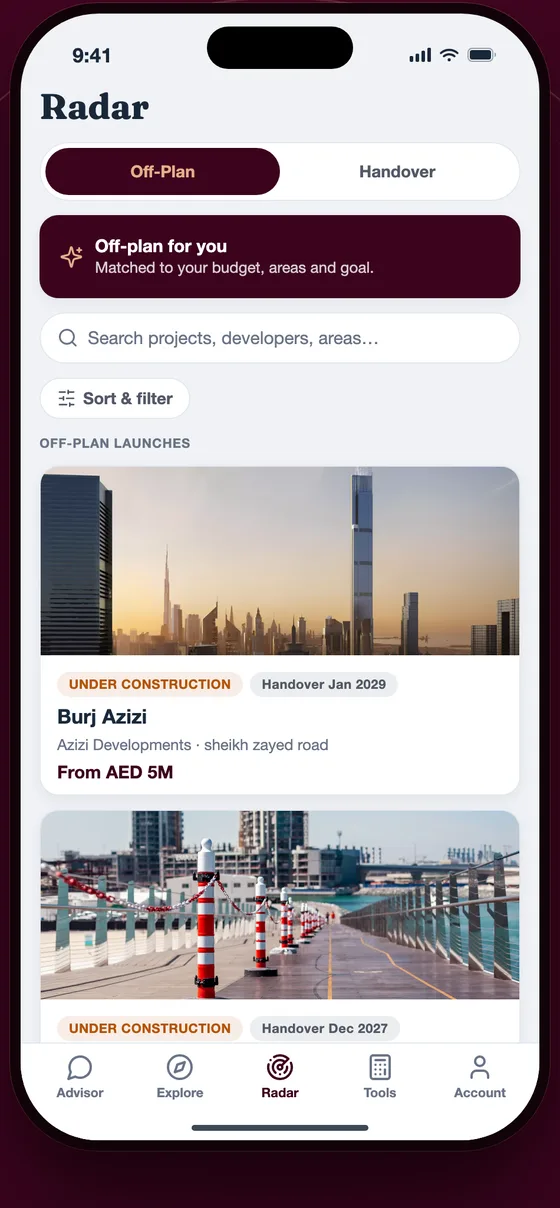 Off-plan launches matched to your budget and areas