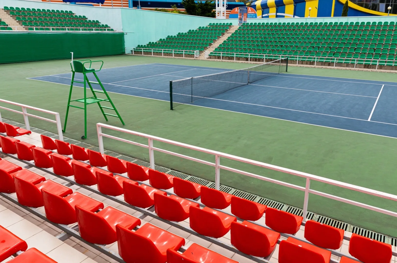 Aerial view of Dubai Duty Free Tennis Stadium during a professional match